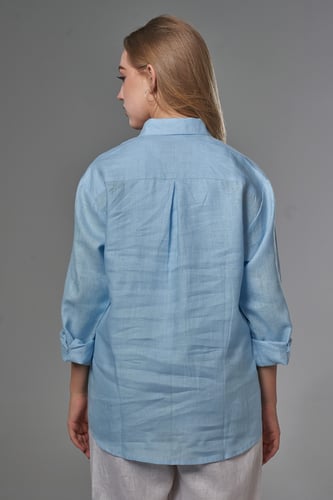 قميص سماوي قطعة ملابس نسائية كتان فخمه