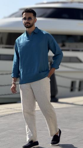 بولو أزرق كلاسيكي كم طويل - Classic blue polo