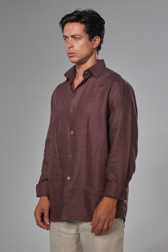 قميص رجالي كتان كستنائي