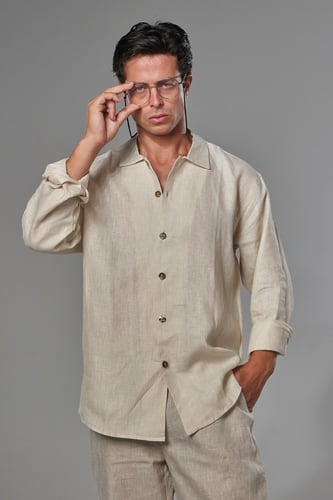 قميص بيج كريمي كتان رجالي كم طويل - Beige Cream Li...