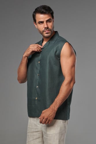 تيشيرت كت رجالي كتان لون زيتى