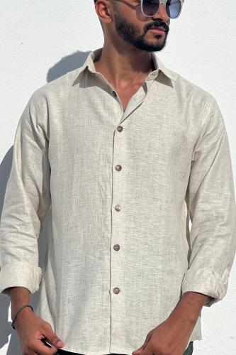 قميص بيج كتان رجالي كم طويل - BEIGE SHIRT