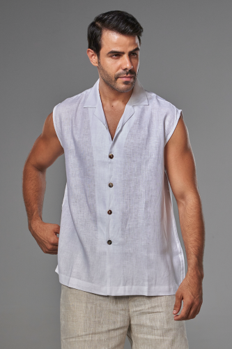 قميص كت أبيض كتان رجالي - White Linen Sleeveless S...