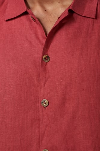قميص أحمر قرمزي كتان رجالي كم طويل - Crimson Red L...