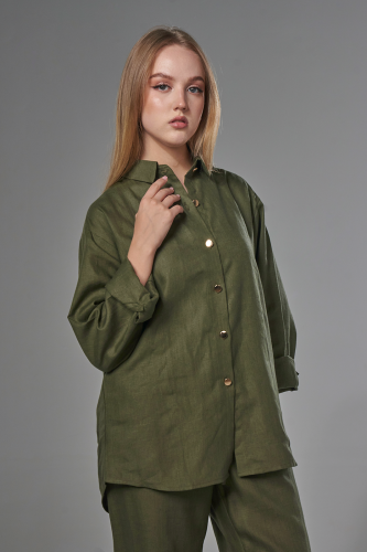 قميص زيتي نسائي غامق كتان