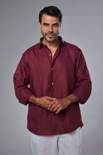 قميص كتان عنابي رجالي كم طويل - Maroon Linen Shirt