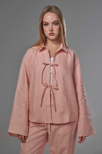 قميص خوخي فيونكة قماش لينن طبيعي