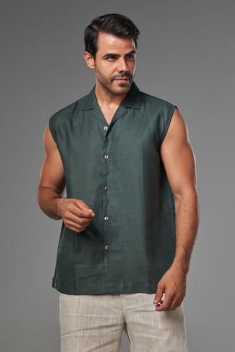 تيشيرت كت رجالي كتان لون زيتى