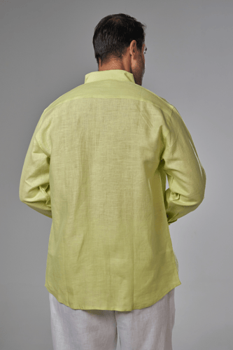 قميص أخضر ليموني كتان رجالي كم طويل - Lime green l...