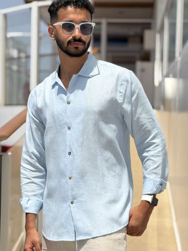 قميص بيبي بلو كتان رجالي كم طويل - Baby Blue Shirt