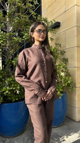 قميص بني نسائي كتان