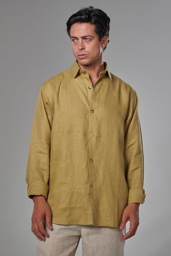 قميص رجالي سعودي كتان خردلي - shirts mustrd