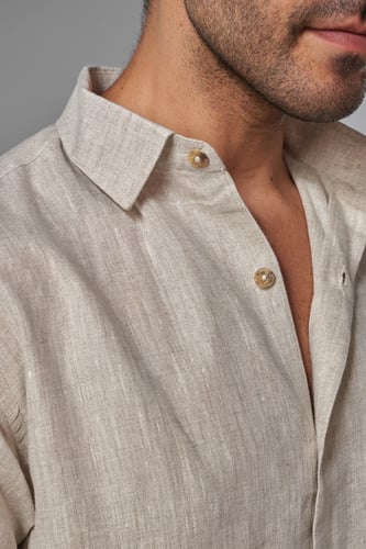 قميص بيج كتان رجالي كم طويل - BEIGE SHIRT