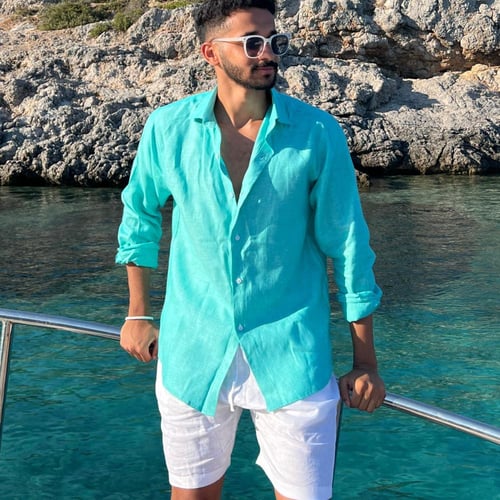 قميص كتان تركوازي رجالي كم طويل - Turquoise Shirt