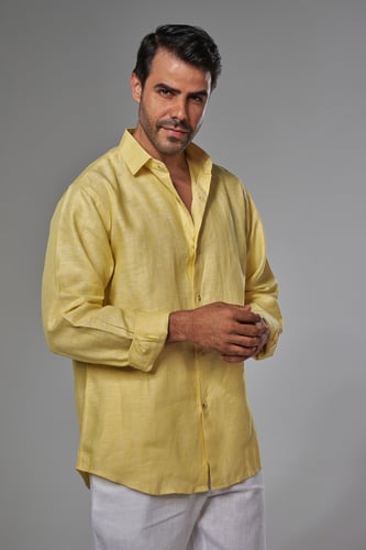 قميص اصفر كتان رجالي كم طويل - Yellow Linen Shirt