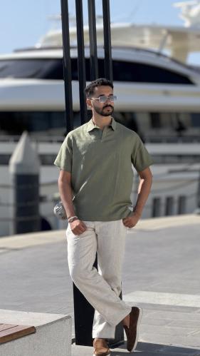 قميص بولو زيتى كتان- Olive polo