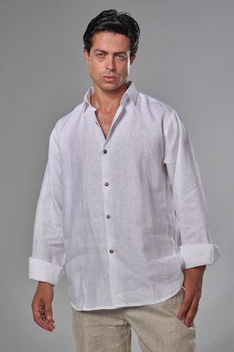 قميص ابيض كتان رجالي كم طويل - WHITE SHIRT