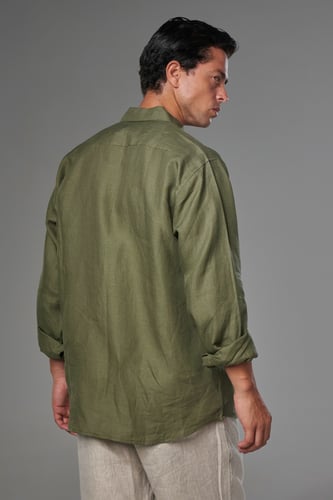 قميص كاكي زيتي كتان كم طويل - olive khaki shirt