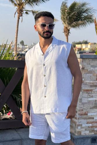 قميص كت أبيض كتان رجالي - White Linen Sleeveless S...