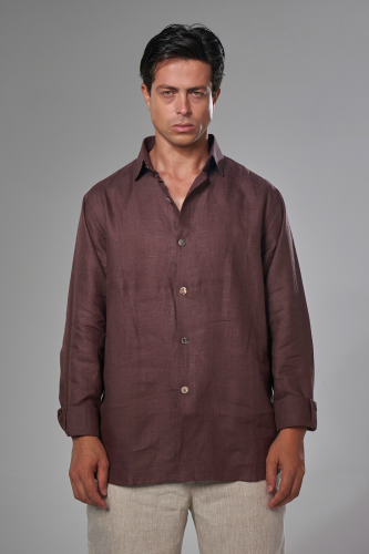 قميص رجالي كتان كستنائي