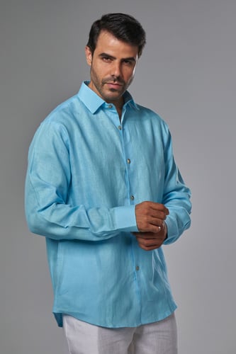 قميص كتان تركوازي رجالي كم طويل -