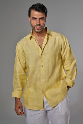 قميص اصفر كتان رجالي كم طويل - Yellow Linen Shirt