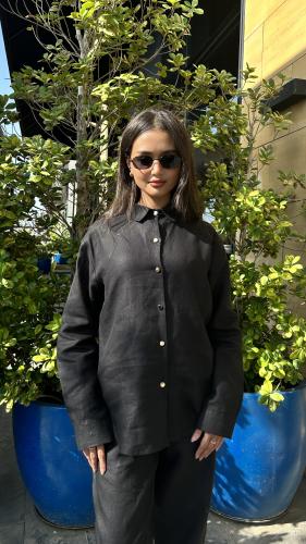 قميص أسود كم طويل نسائي كتان