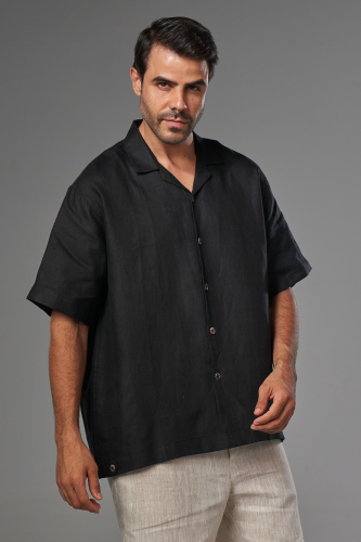 قميص اسود رجالي كتان كم قصير - Short Sleeve Linen...