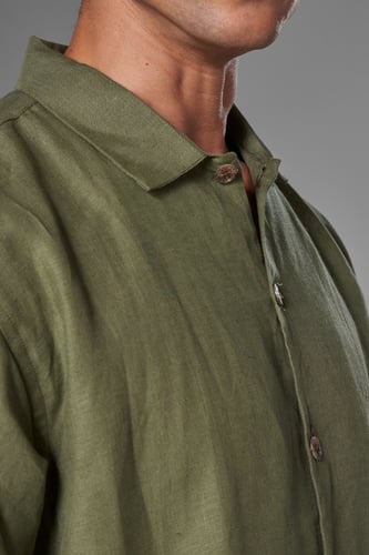 قميص كاكي زيتي كتان كم طويل - olive khaki shirt