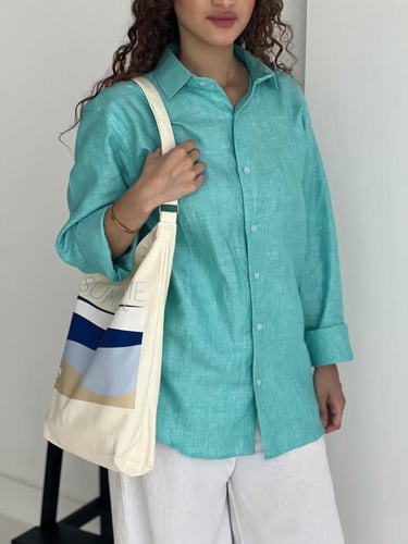 قميص كتان تركوازي رجالي كم طويل - Turquoise Shirt