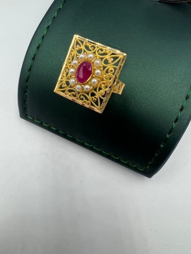 خاتم بحريني مع لولو مميز و انيق عيار21 مقاس 17 الو...