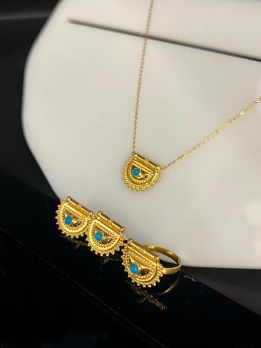 نص طقم البرقع فيروزي ذهب عيار21 مقاس الخاتم 15 بوا...