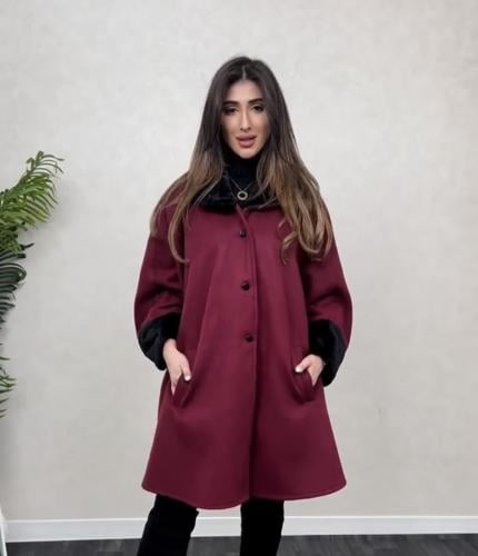 معطف نسائي شتوي جوخ بوردو بأطراف فرو