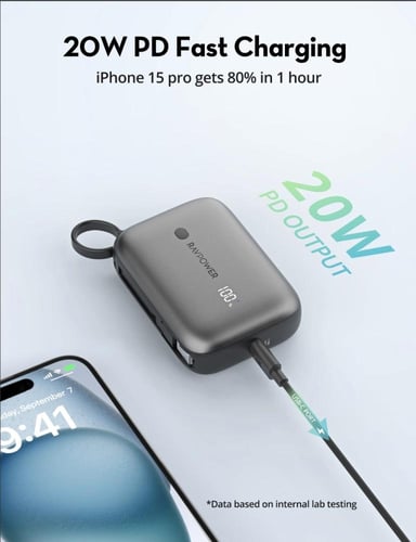 بطارية متنقلة 20w منفذين + كيبل مدمج Ravpower PD P...