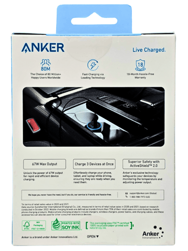 شاحن سيارة انكر 67وات ثلاث منافذ 1 يو اس بي 2 تايب...