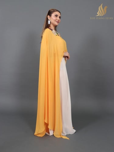 فستان اصفر بيج بشغل يدوي بارز