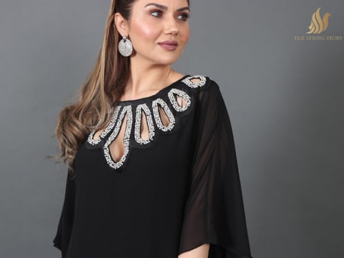 جلابيه سود شيفون مطرز بخرز اللؤلؤ