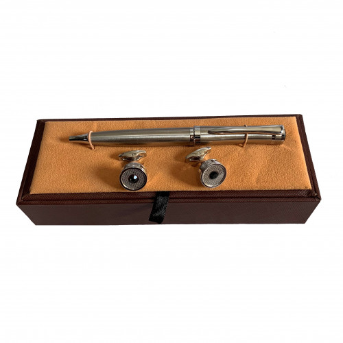 طقم رجالي يتكون من قلم وكبك فضي لامع بتصميم عصري