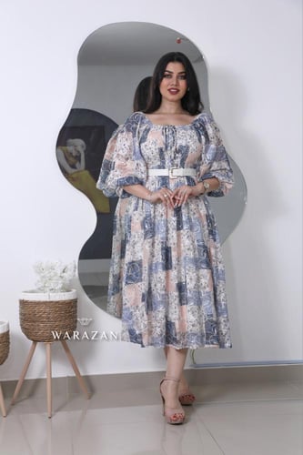 فستان مشجر ميدي للعيد بأكمام طويلة وحزام