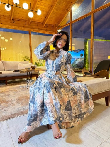 فستان مشجر برنت للعيد بأكمام طويلة وحزام