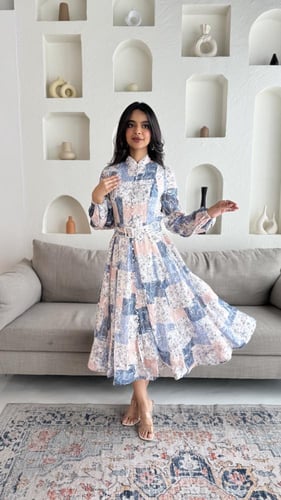 فستان مشجر برنت للعيد بأكمام طويلة وحزام