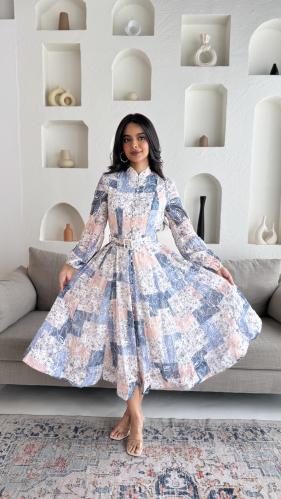 فستان مشجر برنت للعيد بأكمام طويلة وحزام