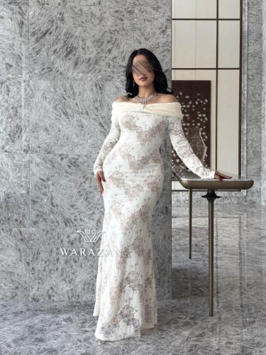 فستان سهره ماسك بتدخيلة دانتيل و ريش