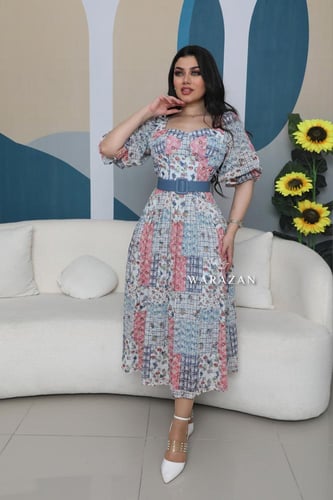 فستان ميد مشجر بلونين مع حزام