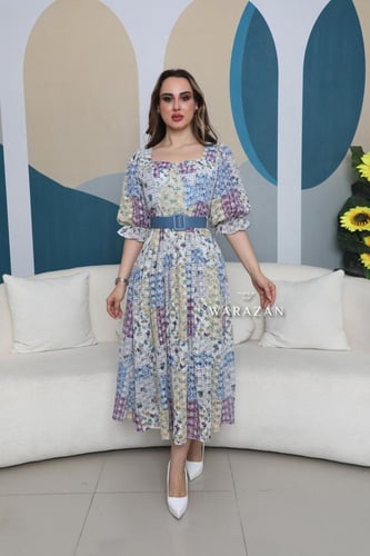 فستان ميد مشجر بلونين مع حزام