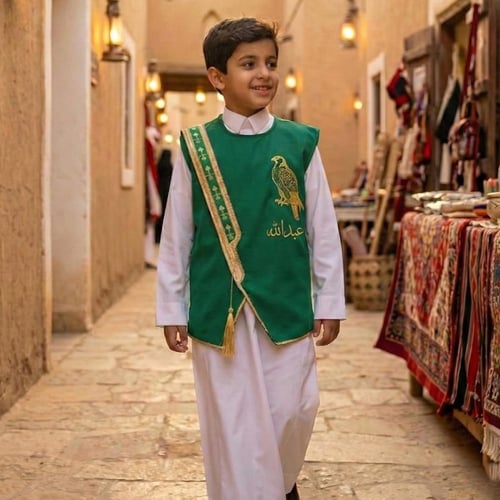 سديري بشت ولادي سادة أخضر ملكي نقشة سيفين ونخلة ذه...