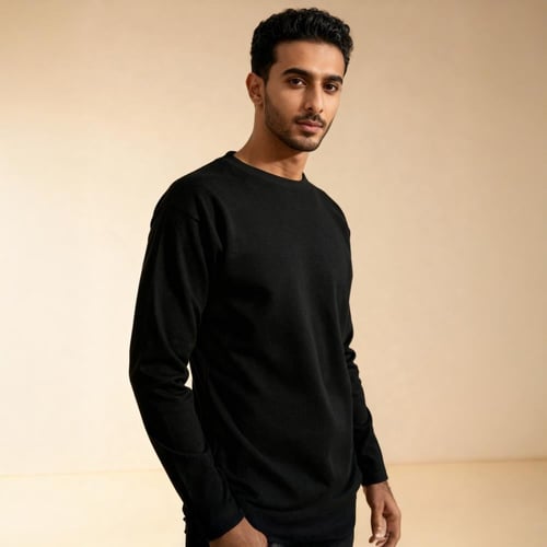 تيشيرت قطن اسود كم طويل بيسك فاخر سادة