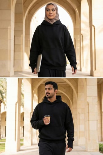 بلوفر قطن فاخر اوفر سايز اسود مبطن فرو سادة