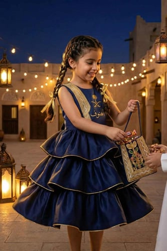 فستان رمضان كحلي مزخرف بتصميم تراثي فاخر لقرقيعان...