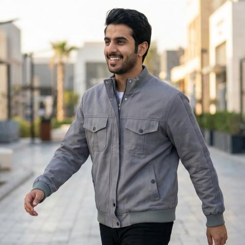 جاكيت بومبر قطني كاجوال بجيوب سحاب جانبية - رمادي...